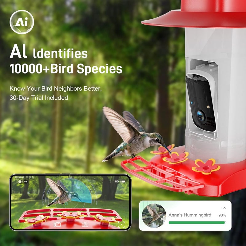 SV3C Hummingbird Feeder with Camera Outdoor, Hanging Bird Feeder with Ant Moat & Bee-Proof, HD 2K Solar Powered, AI Bird Identify, Instant App Alerts, Auto Capture, Hummingbird Lover Gifts, 21oz, Red - Image 2